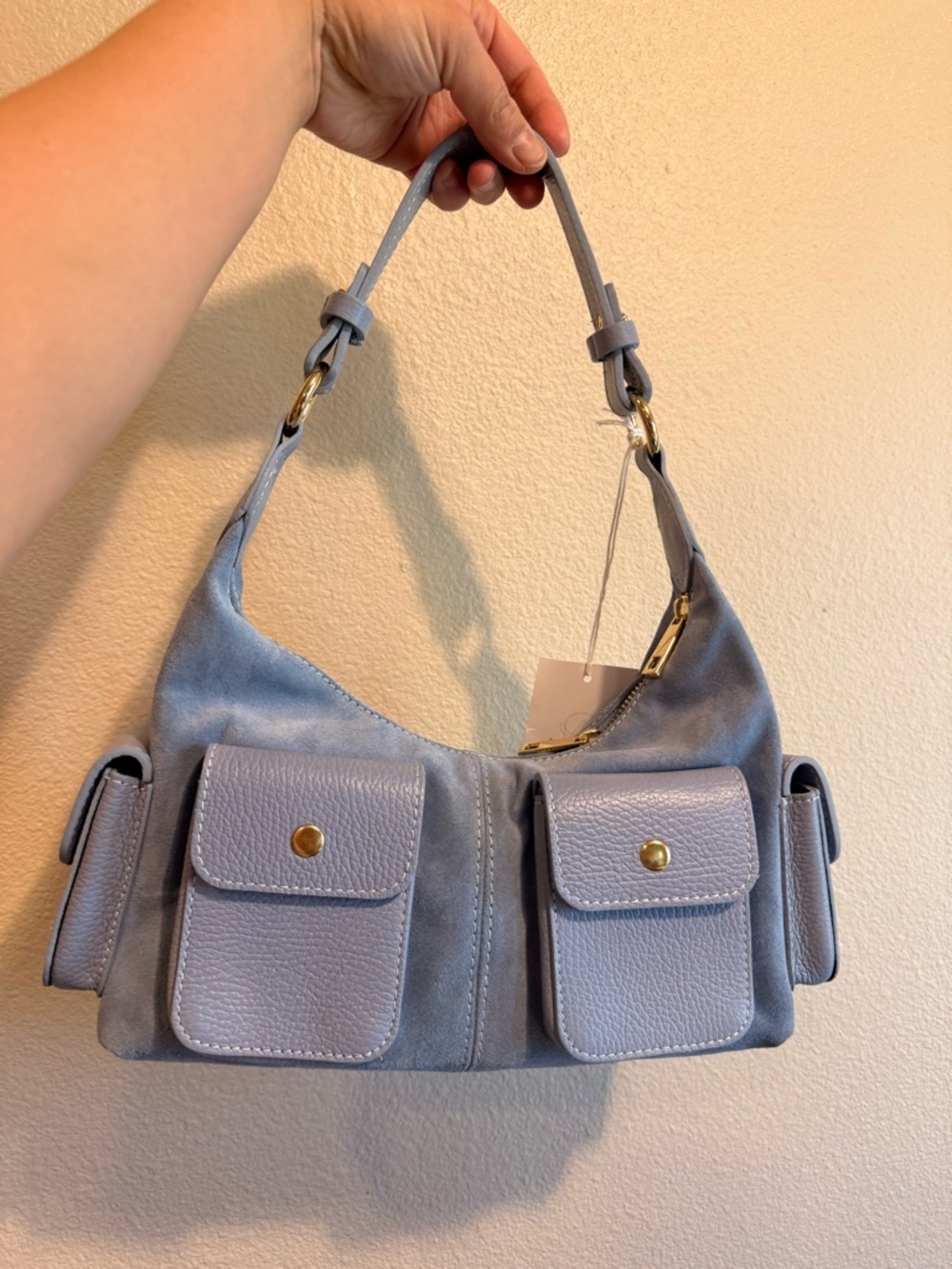 Powder Blue Suede Shoulder Bag with Front Flap Pockets
